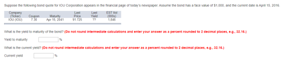 Suppose the following bond quote for IOU Corporation appears in the financial page of todays newspaper. Assume the bond has