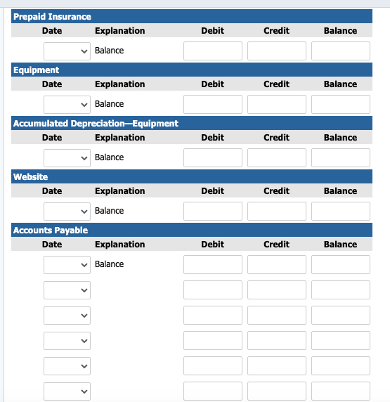 Debit Credit Balance Debit Credit Balance Prepaid Insurance Date Explanation Balance Equipment Date Explanation Balance Accum