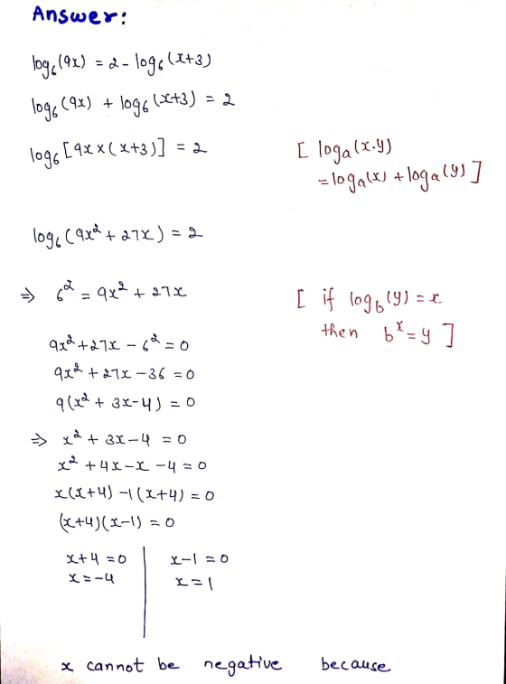 Answer: =d-logo(X+3) log(192) 1096(9x) + - 1096 (x+3) = 2 logó [92x(x+3)] = 2 [ loga(x.y) zlogalx) + loga (9) ] 1096Cqxd + 27