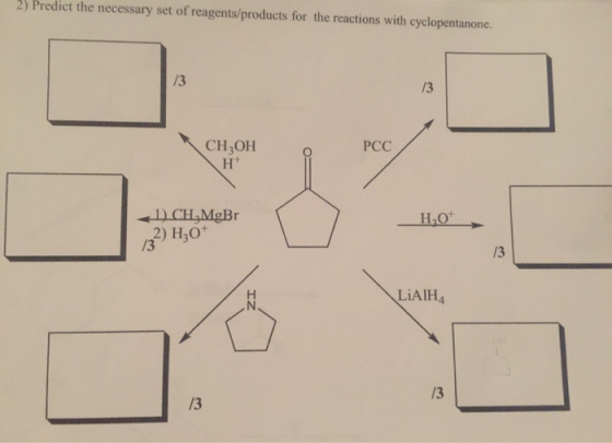 2) Predict the necessary set of reagents/products for the reactions with cyclopentanone. СН,ОН PCC 1) CH.MgBr HO 22) H₃0* LiA
