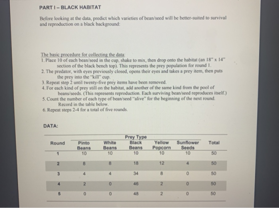PARTI - BLACK HABITAT Before looking at the data, predict which varieties of bean/seed will be better-suited to survival and