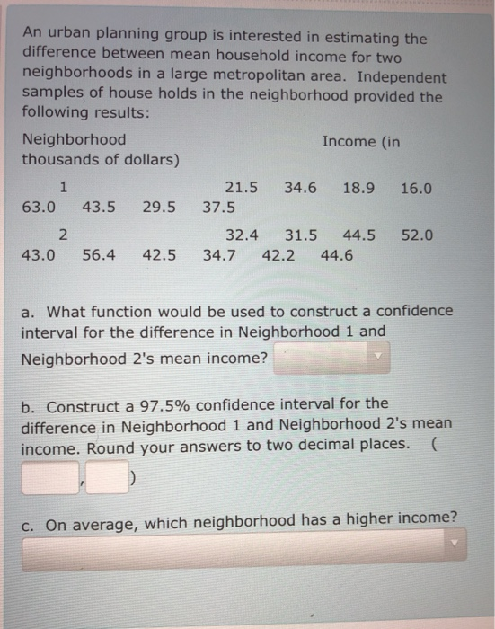 An urban planning group is interested in estimating the difference between mean household income for two neighborhoods in a l