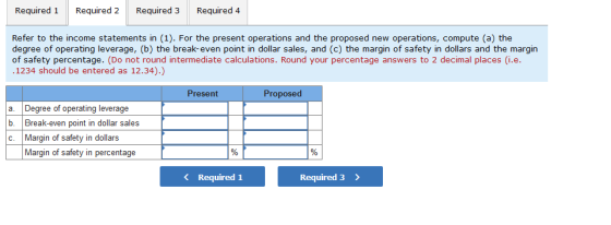 Required 1 Required 2 Required 3 Required 4 Refer to the income statements in (1). For the present operations and the propose