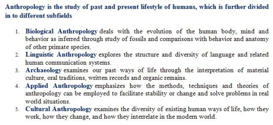 Anthropology is the study of past and present lifestyle of humans, which is further divided in to different subfields 1. Biol