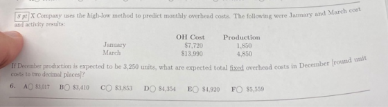 8 pt X Company uses the high-low method to predict monthly overhead costs. The following were January and Ma and activity res