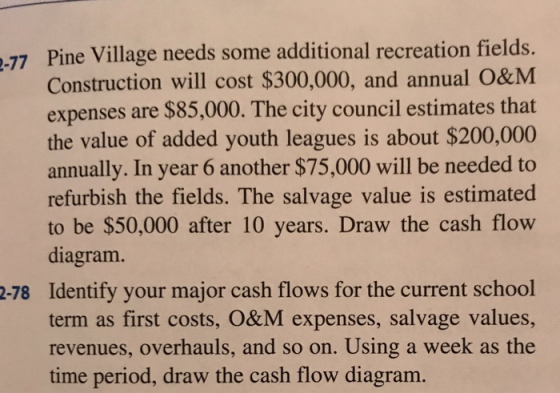 Pine Village needs some additional recreation fields. Construction will cost $300,000, and annual O&M -77 expenses are $85,000. The city council estimates that the value of added youth leagues is about $200,000 annually. In year 6 another $75,000 will be needed to refurbish the fields. The salvage value is estimated to be $50,000 after 10 years. Draw the cash flow diagram. Identify your major cash flows for the current school term as first costs, O&M expenses, salvage values, revenues, overhauls, and so on. Using a week as the time period, draw the cash flow diagram. 2-78