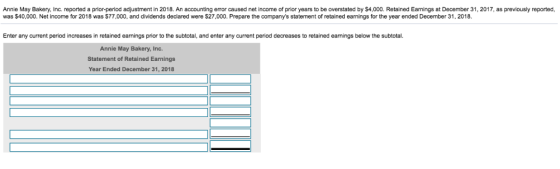 Annie May Bakery, Inc. reported a prior-period adjustment in 2018. An accounting error caused net income of prior years to be