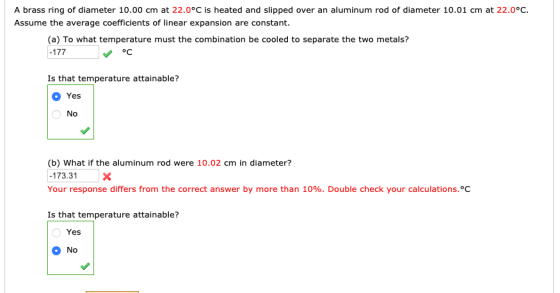 A brass ring of diameter 10.00 cm at 22.0°C is heated and slipped over an aluminum rod of diameter 10.01 cm at 22.0°C. Assume