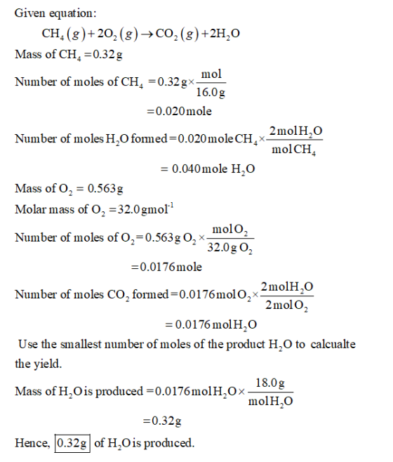 Given equation: CH, (g)+202(g) →C02(3)+2H,0 Mass of CH4 =0.32 g mol Number of moles of CH4 =0.32gx 16.0g =0.020 mole Number