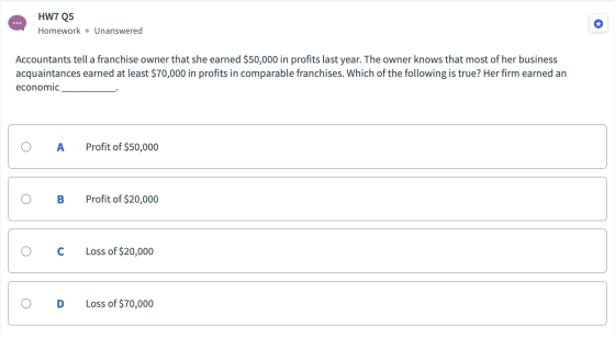 HW7 Q5 Homework • Unanswered Accountants tell a franchise owner that she earned $50,000 in profits last year. The owner knows