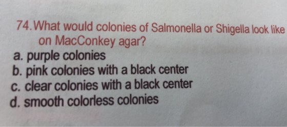 74.What would colonies of Salmonella or Shigella look like on MacConkey agar? a. purple colonies b. pink colonies with a blac