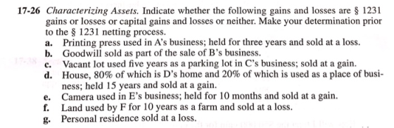 17-26 Characterizing Assets. Indicate whether the following gains and losses are $ 1231 gains or losses or capital gains and