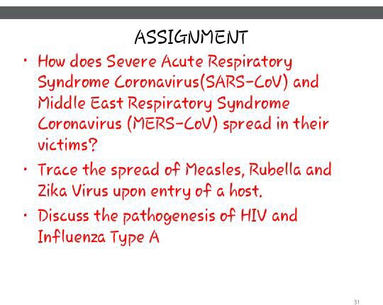 ASSIGUMENT How does Severe Acute Respiratory Syndrome Coronavirus(SARS-Cov) and Middle East Respiratory Syndrome Coronavirus (MERS-CoV) spread in their victims? . Trace the spread of Measles, Rubella and 2ika Virus upon entry of a host. Discuss the pathogenesis of HIV and Influenza Type A 31
