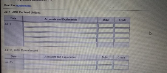 Read the requirements Jul 1, 2018 Declared dividend Date Accounts and Explanation Debit Credit Jul 1 Jul 15 2018 Date of reco
