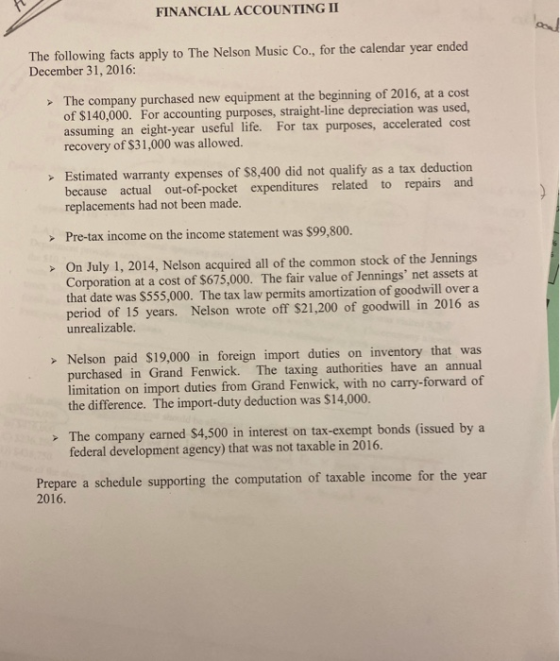 FINANCIAL ACCOUNTING II The following facts apply to The Nelson Music Co., for the calendar year ended December 31, 2016: The
