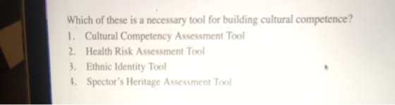 Which of these is a necessary tool for building cultural competence? 1. Cultural Competency Assessment Tool 2. Health Risk As