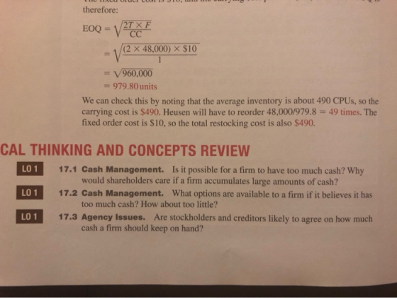 therefore: EOQ = V2T XF -1/(2 X 48,000) < $10 = V960,000 = 979.80 units We can check this by noting that the average inventor