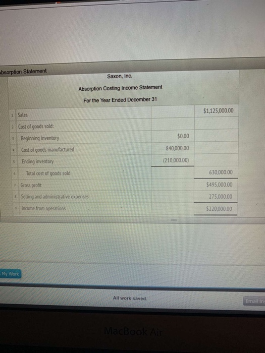 absorption Statement Saxon, Inc. Absorption Costing Income Statement For the Year Ended December 31 $1,125,000.00 1 Sales 2 C