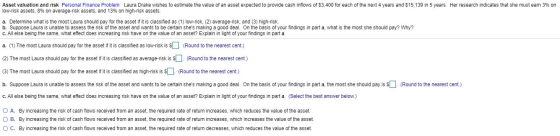 Asset valuation and risk Personal Finance Problem Laura Drake wishes to estimate the value of an asset expected to provide ca