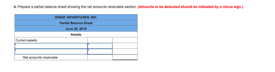 b. Prepare a partial balance sheet showing the net accounts receivable section. (Amounts to be deducted should be indicated by a minus sign.) GREAT ADVENTURES, INC Partial Balance Sheet June 30, 2019 Assets Current assets Net accounts receivable