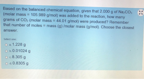 Based on the balanced chemical equation, given that 2.000 g of Na2CO3 (molar mass = 105.989 g/mol) was added to the reaction,