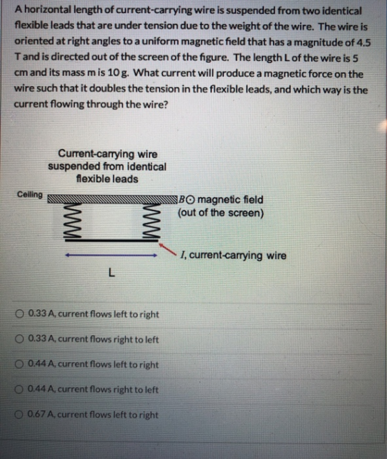 A horizontal length of current-carrying wire is suspended from two identical flexible leads that are under tension due to the
