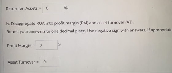 Return on Assets = 0 % b. Disaggregate ROA into profit margin (PM) and asset turnover (AT). Round your answers to one decimal