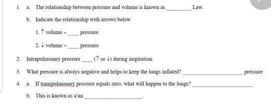 1. a. The relationship between pressure and volume is known as Law. b. Indicate the relationship with arrows below 1. 1 volum
