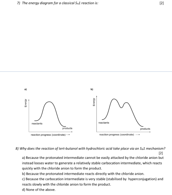 7) The energy diagram for a classical Sn1 reaction is: Energy Energy reactants reactants products products reaction progress