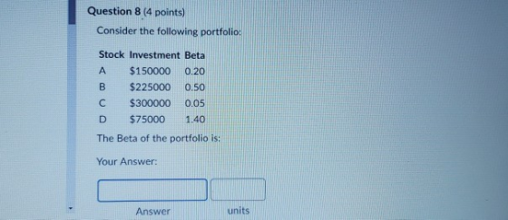 Question 8 (4 points) Consider the following portfolio: Stock Investment Beta $1500000.20 B $225000 0.50 $300000 0.05 $75000