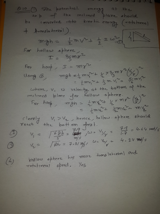 to bp the Imedplane should be C onverted to kme tic ene glato 2 For hollow there. con ere, 1.s veloc、차 at the bottorn ap the VVa hence hollow sphere ehould m/ S rot tioma) speed Yeg