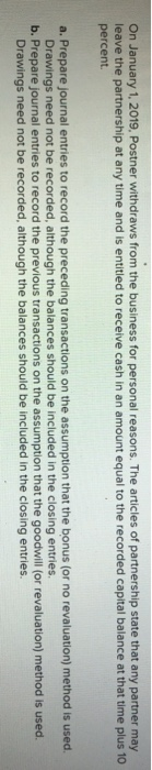 On January 1, 2019. Postner withdraws from the business for personal reasons. The articles of partnership state that any part