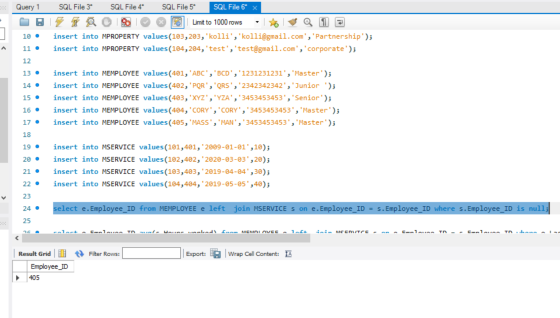 Query 1 SQL File 3* SQL File 4* SQL File 5 SQL File 6 x 12 0 0 S Limit to 1000 rows - Q 1 2 insert into MPROPERTY values(103,