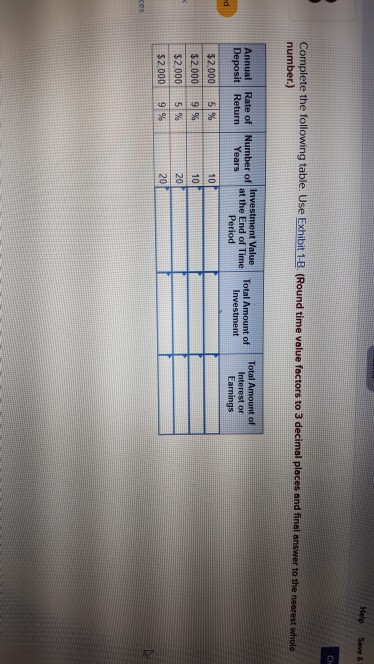 Help Save & Ch Complete the following table. Use Exhibit 1-B. (Round time value factors to 3 decimal places and final answer