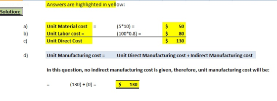 Answers are highlighted in yellow: Solution: a) b) c) Unit Material cost Unit Labor cost- Unit Direct Cost (5*10) (100*0.8) 50 80 $ 130 Unit Manufacturing cost- Unit Direct Manufacturing cost + Indirect Manufacturing cost In this question, no indirect manufacturing cost is given, therefore, unit manufacturing cost will be: (130) + (0) 130