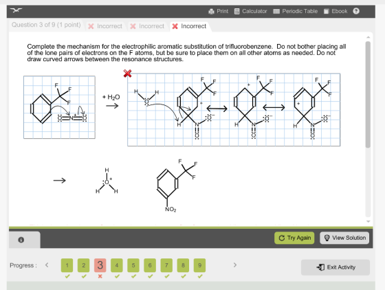 PrintCalculatorPeriodic Table Ebook Question 3 of 9 (1 point) × Incorrect X Incorrect X Incorrect Complete the mechanism for the electrophilic aromatic substitution of trifluorobenzene. Do not bother placing all of the lone pairs of electrons on the F atoms, but be sure to place them on all other atoms as needed. Do not draw curved arrows between the resonance structures. +H2O :O :0 :0 NO2 C Try AgainView Solution Progress: Exit Activity