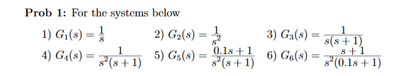 Prob 1: For the systems below 1) G7 (s) = } 2) G2(s) = 3) G3(3) = ($+1) 4) G_(s) = 3:16+1) 5) Go(s) = 10:18 #16) Go(s) = 20.1