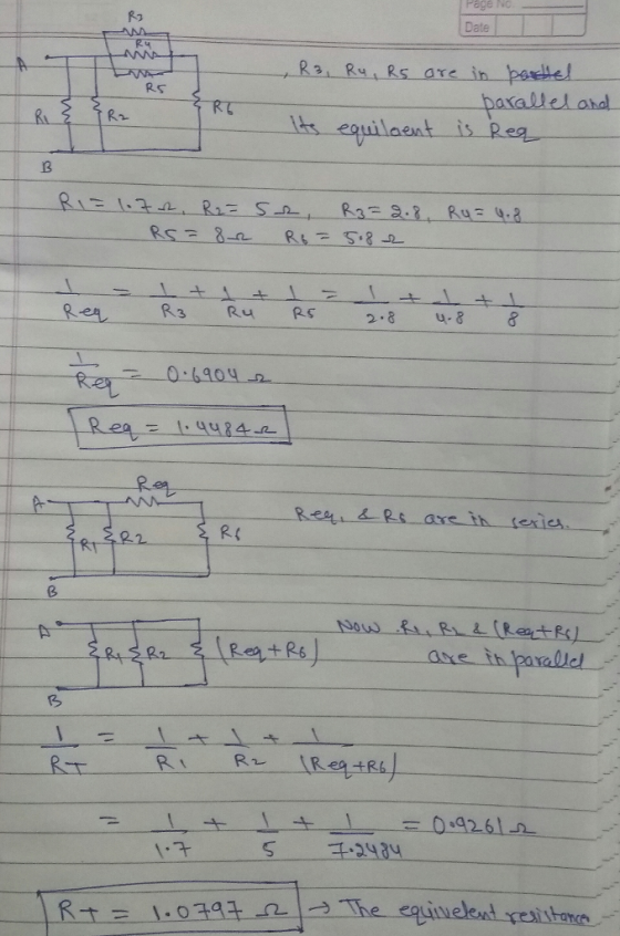 Date R3 Ra Rs are in perele Rs baxaJ its eqvuilaent is Rea RI= {.gde R2Ξ S_a→ R3=2.8. R42 4.2 2.8 u-8 8 Real Les are th ferien R2 axe t 3 0426レー : 2