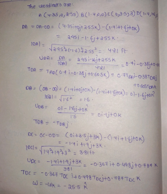 IDA1 = The woydinales are: A (4:35,0,2055) 8 (1.4,0,0)(C033.533) P(1.4,1601 DA = OA-OD = (4.35i+gj+ a-55k) -(1:41+1:6j+ok) =
