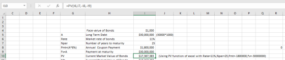 fx =PV(16,17,-18,-19) X 10 C D F G н K L N O P Q R. 1 2 $1,000 4 Face value of Bonds $30,000,000 (30000 1000) Long Term Debt