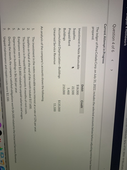 Cupei 4 Homework Dunia+2980608-3a1a-4735-9656-1819bcd0abc Question 4 of 6 < > Current Attempt in Progress The ledger of Pina