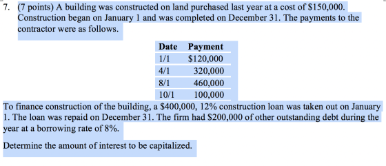 7. (7 points) A building was constructed on land purchased last year at a cost of $150,000. Construction began on January 1 a