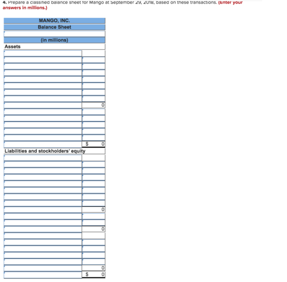 4. Prepare a classified balance sheet for Mango at September 29, 2018, based on these transactions. (Enter your answers in mi