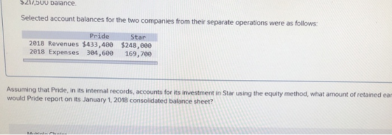 $217,500 balance Selected account balances for the two companies from their separate operations were as follows: Pride Star 2