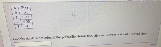 X 0 a P(x) 0.3 0.25 0.25 0.2 3 Find the standard deviation of this probability distribution. Give your answer to at least 2 d