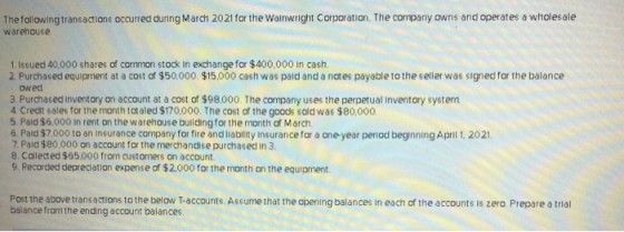 The following transactions occurred during March 2021 for the Wainwright Corporation. The company owns and operates a wholesa
