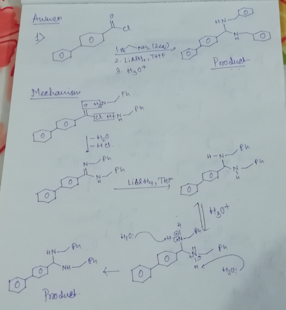 H-N Pu Auswen HN H 1.ph Ntz llea 2. Li Alth, THE 3. H₂ot Product Mechanism the Ph ph -H₂O -Ha. N PU .ph Ph LiAlH4, THE Hot H₂