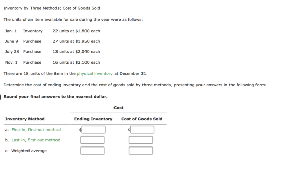 Inventory by Three Methods; Cost of Goods Sold The units of an item available for sale during the year were as follows: Jan.