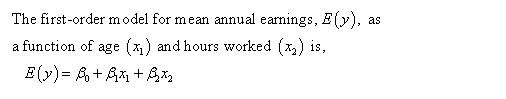 The first-order model for m ean annual earnings, E(v), as a function of age (%) and hours worked (%) is,