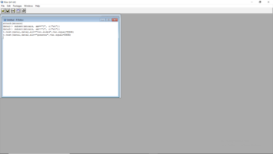 - 0 X RRGI (64-bit File Edit Packages Windows Help Untitled - R Editor attach tears) detal<- subset (mt cars, 0, w)) data